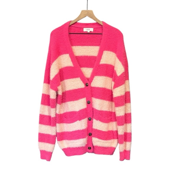 Talulah Striped Fuzzy Cardigan Sweater Pockets Pink Women’s Size Large - Picture 4 of 12